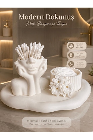 Modern Dekoratif Banyo Seti El Yapımı Vernikli Pamukluk & Kulak Çubuğu Düzenleyici Beyaz