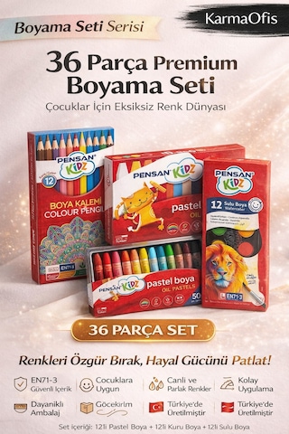 36 Parça Boyama Seti 12 Li Pastel, 12 Li Kuru Boya, 12 Li Sulu Boya Tamamı Yerli Üretim