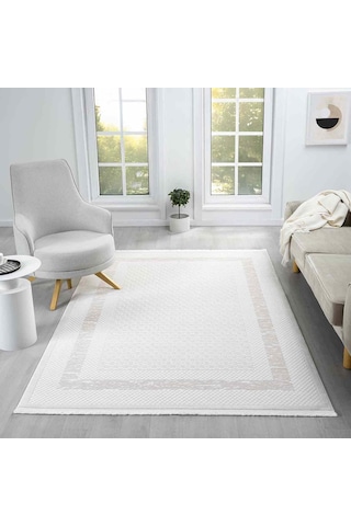 Krem Bej Geometrik Desenli Modern Halı - Ng511bv Beyaz