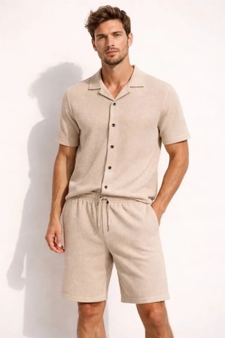 Valensdesign Erkek Waffle Kumaş Kısa Kollu Gömlek Şort Takım Regular Fit Yazlık İkili Set - Bej