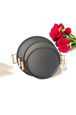 Tepsi Seti Ahşap Kulplu Siyah Metal Çay Tepsisi Kahve Tepsisi