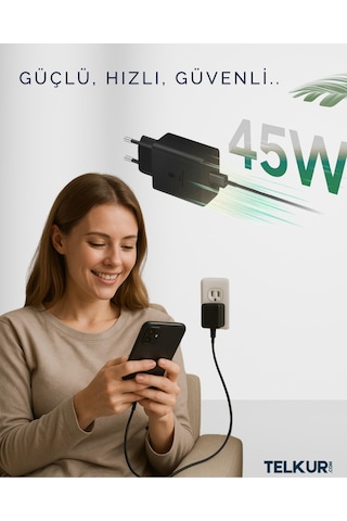 Ferro S45 Siyah 45w Usb-c Çıkışlı Süper Hızlı Şarj Adaptör Başlık - Typec & Typec 1m Kablo Seti