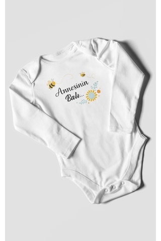 Morivokids Annesinin Balı Uzun Kollu Bebek Body %100 Pamuk Beyaz