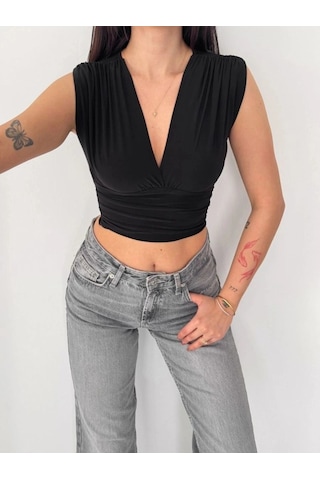 Freedom Storee Kadın Vatkalı Kolsuz V Yaka Drapeli Crop Bluz Likralı Fit - Siyah Çok Renkli