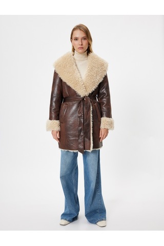 Koton Suni Deri Kaban Oversize Yakası Suni Kürklü Kemerli Cepli Kahverengi 5wak00119ew Kahve Kahverengi