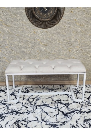 Zafir Beyaz Boyalı - L - Ayaklı 100 Cm X 38 Cm Oturak - Bench - Makyaj Taburesi - Makyaj Oturak Krem
