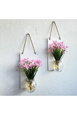 Led Işıklı, Pembe Nergis Çiçekli Duvar Dekoru Beyaz İkili Set Beyaz