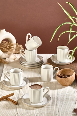 12 Parça 6 Kişilik Stackable Çizgili Gümüş Yaldızlı Kahve Fincan Takımı - Kahve Fincanı Seti 100ml Gümüş Beyaz