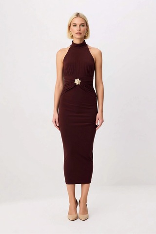 Benerly Kadın Halter Yaka Kolsuz Bodycon Midi Elbise Aksesuar Detaylı Ast Kahverengi