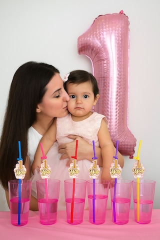 Pipet 1 Yaş Yaldızlı Pipet 10 Lu Pembe 1 Yaş Kız Doğum Günü Partisi