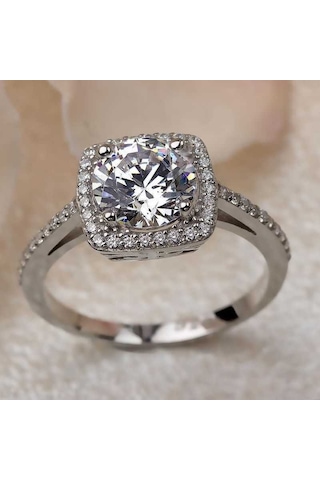 Gumush Gümüş Kare Tek Taş Bayan Yüzük