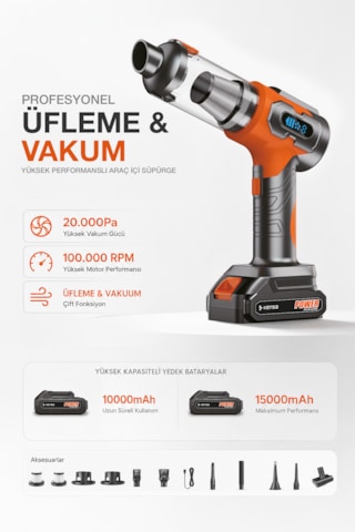 20000pa Kablosuz Araç Süpürgesi Üfleme Vakum 2'si 1 Arada 100000 Rpm Şarjlı El Süpürgesi Hepa Filtre Antrasit
