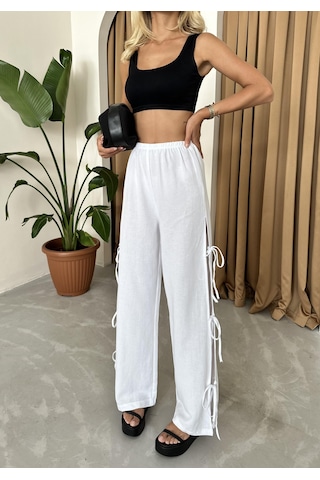 Beyaz %100 Pamuk Yan Yırtmaç Ve Bağlama Detaylı Pantolon Beyaz