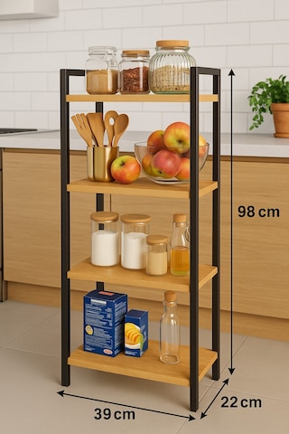 4 Katlı Metal Çerçeveli Ahşap Raf Mutfak & Banyo Düzenleyici Çok Amaçlı Organizer 98x39x22 Cm Kahverengi