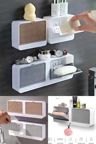 2 Bölmeli Yapışkanlı Duvara Monte Mutfak Banyo Katı Sabunluk Gri