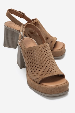 Luvi Shoes Penvıa Taba Süet Hakiki Deri Kadın Kalın Topuklu Sandalet