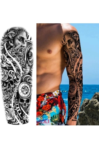 Geçici Dövme Büyük Boy Tam Kol Kaplama - Poseidon Mitoloji Ve Kurukafa Desenli Su Geçirmez Dövme