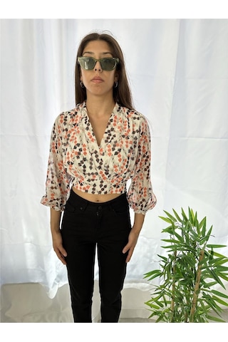 Simli Moda Kruvaze Yaka Desenli Turuncu Bluz Turuncu