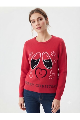 Neden Tekstil Kadın Kırmızı Triko Merry Christmas Desenli Kazak