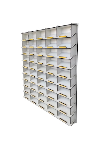 Eğimli 50 Araçlık Beyaz Ahşap Hobi Oyuncak Araba Rafı