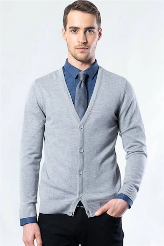 Tudors Erkek Slim Fit Düğmeli Düz Pamuklu Gri Hırka-15253 Gri