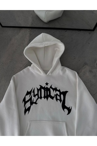 İkales Üç İplik Kapşonlu Baskılı Oversize Sweatshirt- Beyaz