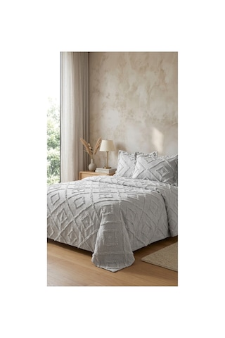 Çift Kişilik Yatak Örtüsü Takımı 250 X 260 Cm Valonlu Model 2 Adet 50 X 70 Yastık Kılıfı Gri
