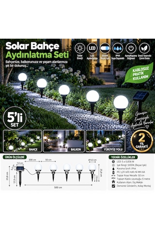 5 Li Solar Bahçe Aydınlatma Led Küre Seti Güneş Enerjili Dekoratif Işık Saplamalı & Asılabilir