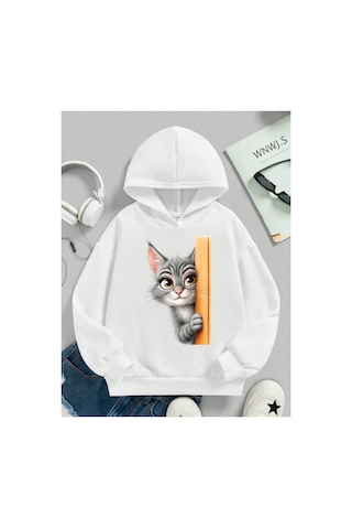 Stil X Sevimli Kediler Baskılı Kapüşonlu Çocuk Sweatshırt Beyaz-2