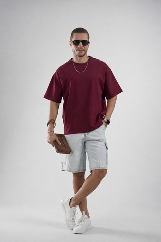 King Brich Oversize Kalıp Basic %100 Pamuklu Erkek Tişört Bordo