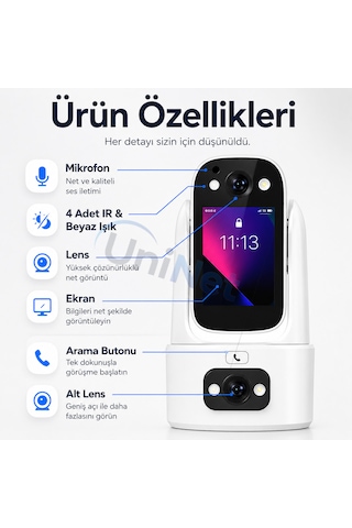 Uninet Çift Kameralı 355 Derece Dönebilen Ptz Ekranlı Wifi Güvenlik Kamerası Uzaktan İzleme, Gece Görüş İç Mekan Kamera