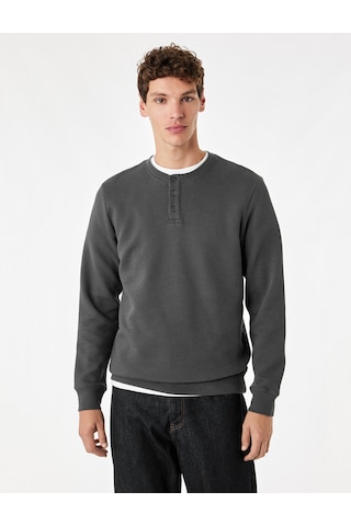 Koton Uzun Kollu Pamuklu Waffle Dokulu Henley Yaka Sweatshirt Antrasit 7wam70106mk