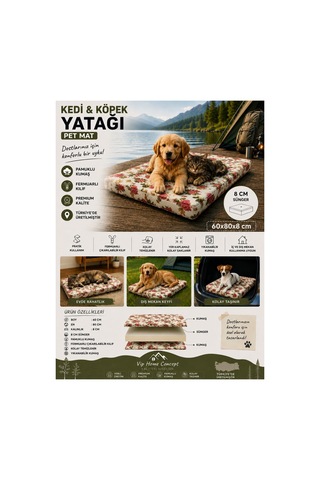 Kedi Köpek Yatağı Süngerli Fermuarlı Yıkanabilir Kılıflı Köpek Minderi 60x80x8 Cm-ingiliz Gülü