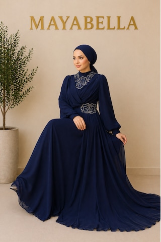 Mayabella Taşlı Şifon Tesettür Abiye Lacivert