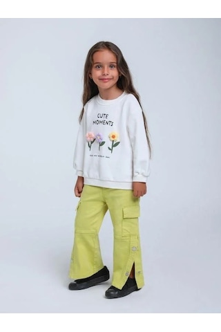 Kız Çocuk Örgü Çiçek Desenli Sweatshirt-14297 Beyaz