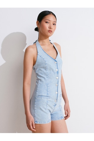 Dilvin 72023 Önü Fletolu Kısa Denim Tulum-mavi Mavi