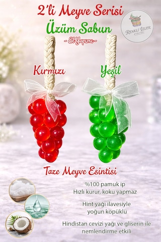 El Yapımı Üzüm Salkım Sabun İkili Set Kırmızı-yeşil Kurdelalı Karışık Meyve