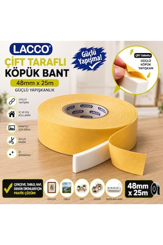 Lacco Çift Taraflı Köpük Bant 48 Mm X 25 M Güçlü Yapışkanlı Montaj Bandı Çok Amaçlı Beyaz 1 Adet