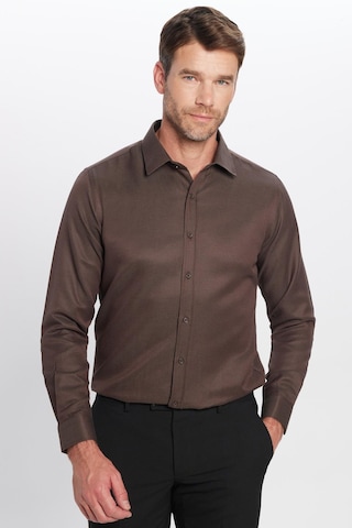 Tudors Modern Slim Fit Uzun Kollu Pamuklu Kolay Ütü Armürlü Erkek Kahve Gömlek-25752 Kahverengi