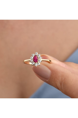 14 Ayar Mikron Altın Kaplama Kırmızı Taşlı Damla Halo Yüzük Vintage Still - Rs00118 Altın