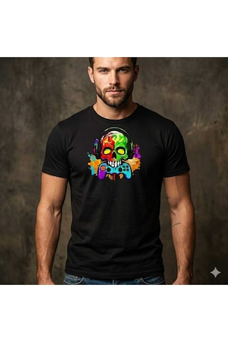 Erkek Kuru Kafa Oyun Konsolu Baskılı Pamuklu T-shirt Siyah