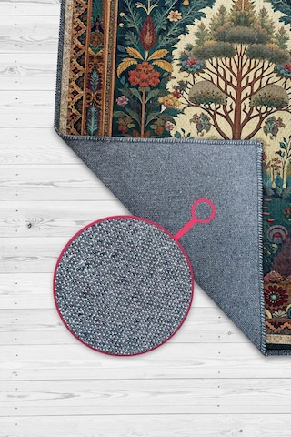 Homshtag Art Deco Etnik Bitki Vintage Halı Görünümlü Dijital Baskı Yeşil Renk Rustik Çiçekli Halı Çok Renkli