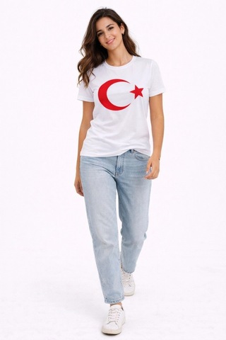 Wear Vexel Kadın T-shirt Kısa Kol Bisiklet Yaka Ay Yıldız Bayrak Baskılı Tişört - Beyaz Beyaz