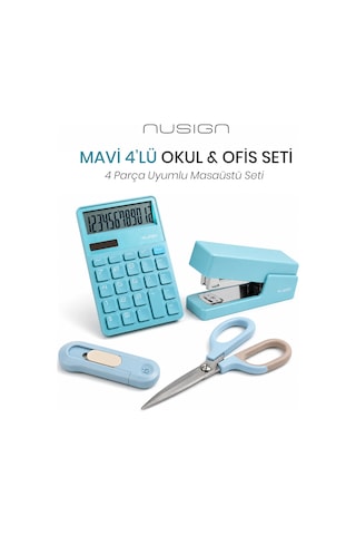 Nusign Hesap Makinesi &zımba & Makas Kırtasiye Seti - Mavi
