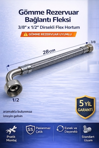 Gömme Rezervuar Fleks Hortum Dirsekli 3/8 X 1/2 Çelik Örgülü Bağlantı Hortumu 28 Cm Gri