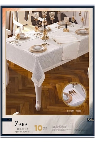 Zara Linen Yemek Takımı Masa Seti 12 Kişilik 26 Parça 160 220 Cm Runner Set Krem Bzckh56 Çok Renkli