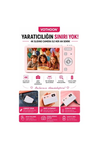 Dijital Kamera 4k Hd 48mp 8x Zoom Flaşlı Kayar Retro Video Kamera 2.4 Ekran 64gb Sd Kart Hediyeli Pembe