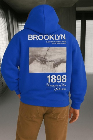 Benroma 3 İplik Penye Brooklyn Baskılı Sweatshırt Saks Mavisi