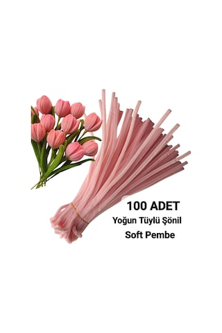 100 Adet Açık Pembe Şönil, Çiçek Yapımına Uygun Tüylü Tel, 30 Cm 6mm