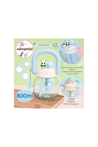 Panda Su Matarası Kawaii Suluk Panda Figürlü Su Şişesi Panda Matara Pipetli Matara Aroma Filtresi Detox Filtreli Charmlı Sevimli Panda Suluk 800ml Mavi